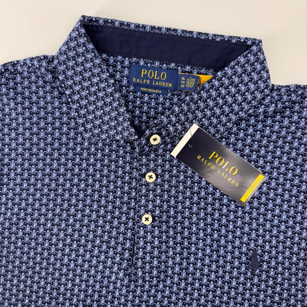 Polo Ralph Lauren Polo Shirt Men XL Navy Blue Performance Crest Shield Pattern